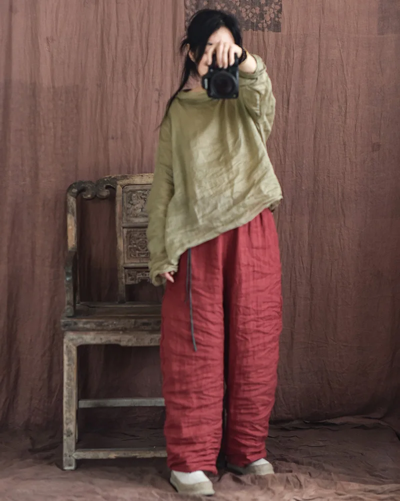 Johnature Women Vintage Loose Spring Wide Leg Pants Elastic Waist Linen Trouser 2025 New Solid Color Bandage Women Long Pants