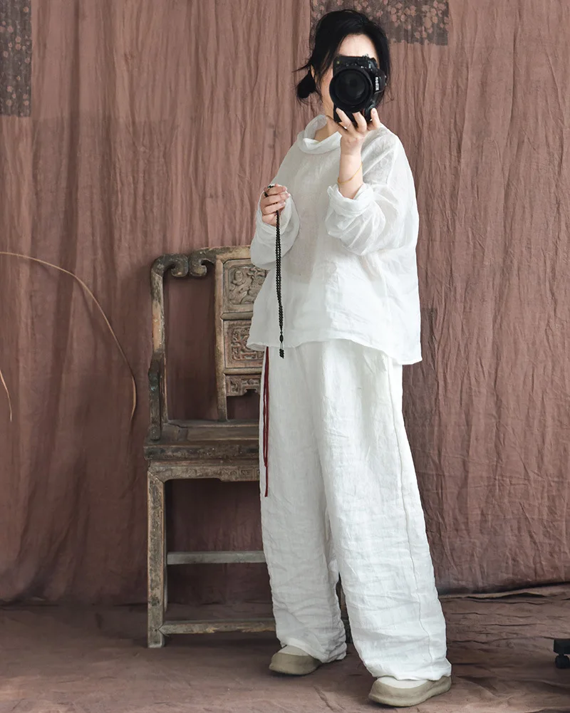 Johnature Women Vintage Loose Spring Wide Leg Pants Elastic Waist Linen Trouser 2025 New Solid Color Bandage Women Long Pants