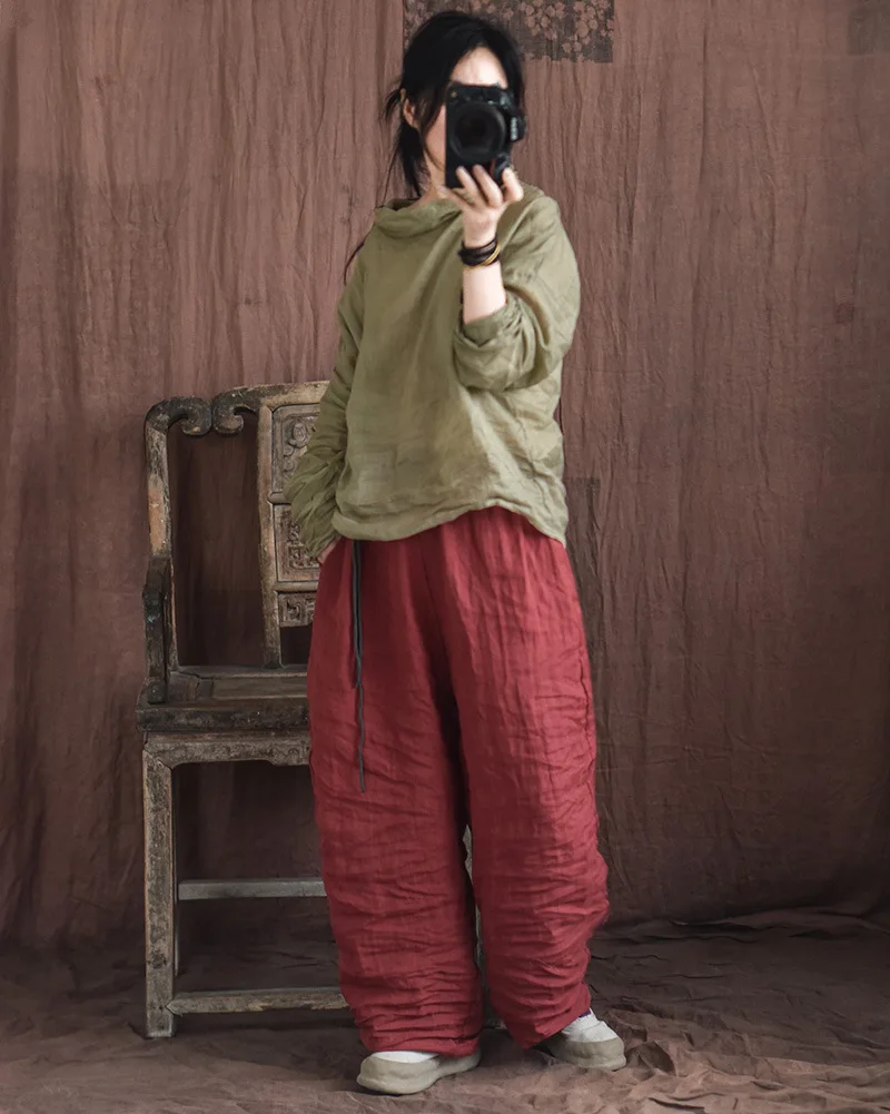 Johnature Women Vintage Loose Spring Wide Leg Pants Elastic Waist Linen Trouser 2025 New Solid Color Bandage Women Long Pants