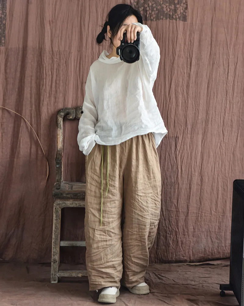 Johnature Women Vintage Loose Spring Wide Leg Pants Elastic Waist Linen Trouser 2025 New Solid Color Bandage Women Long Pants