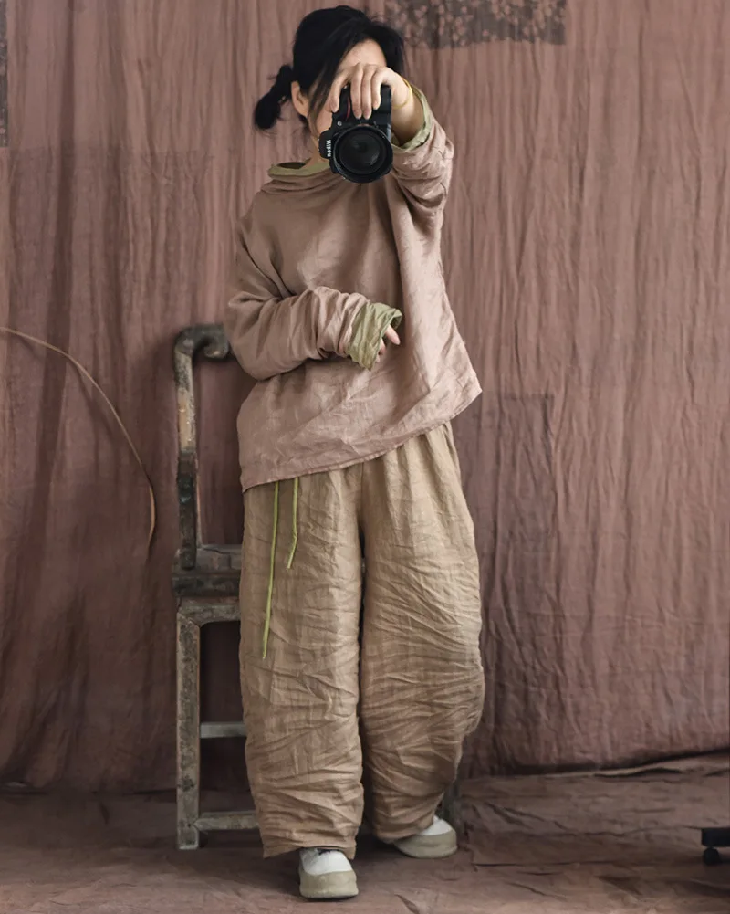 Johnature Women Vintage Loose Spring Wide Leg Pants Elastic Waist Linen Trouser 2025 New Solid Color Bandage Women Long Pants