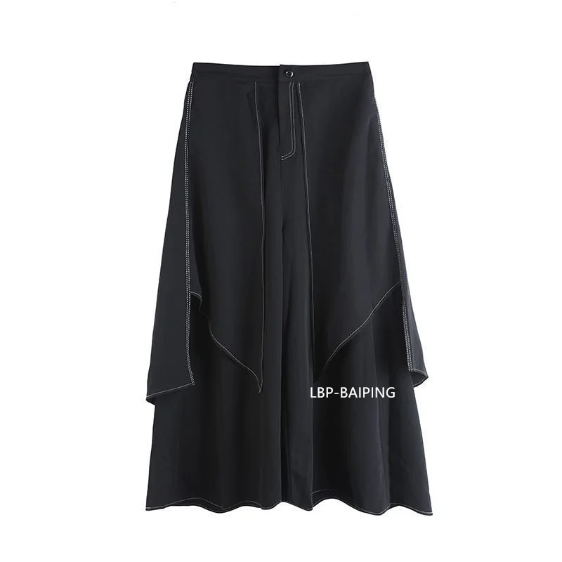 Korean Woman Pants New 2025 Black Loose False Two-piece Wide Legs Pants Ladies Casual Streetwear Hurajuku Trousers Ladies