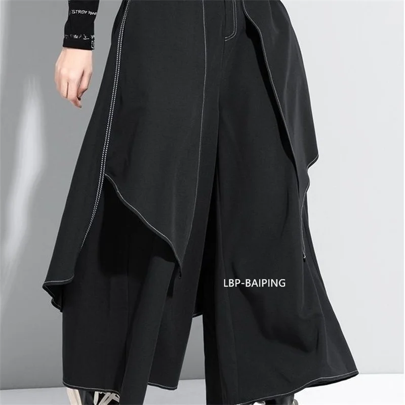 Korean Woman Pants New 2025 Black Loose False Two-piece Wide Legs Pants Ladies Casual Streetwear Hurajuku Trousers Ladies
