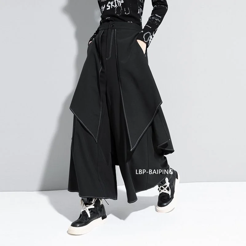 Korean Woman Pants New 2025 Black Loose False Two-piece Wide Legs Pants Ladies Casual Streetwear Hurajuku Trousers Ladies