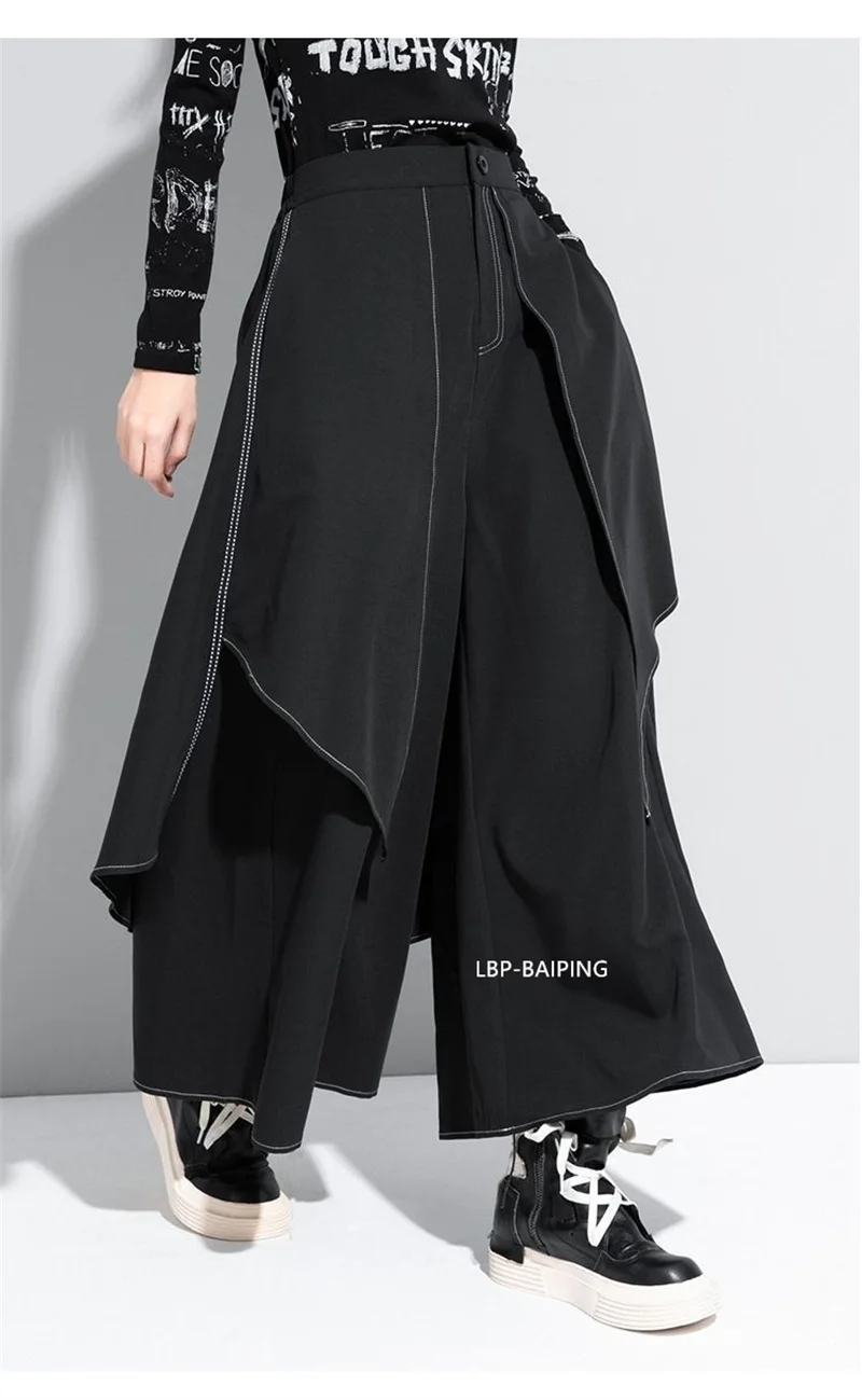 Korean Woman Pants New 2025 Black Loose False Two-piece Wide Legs Pants Ladies Casual Streetwear Hurajuku Trousers Ladies
