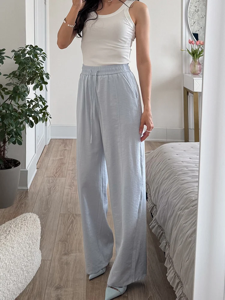 Cotton Summer Pants For Women Wide Leg Blue Trousers With Elastic Band Straight Leg Bottoms White Women's Pants Summer Loose