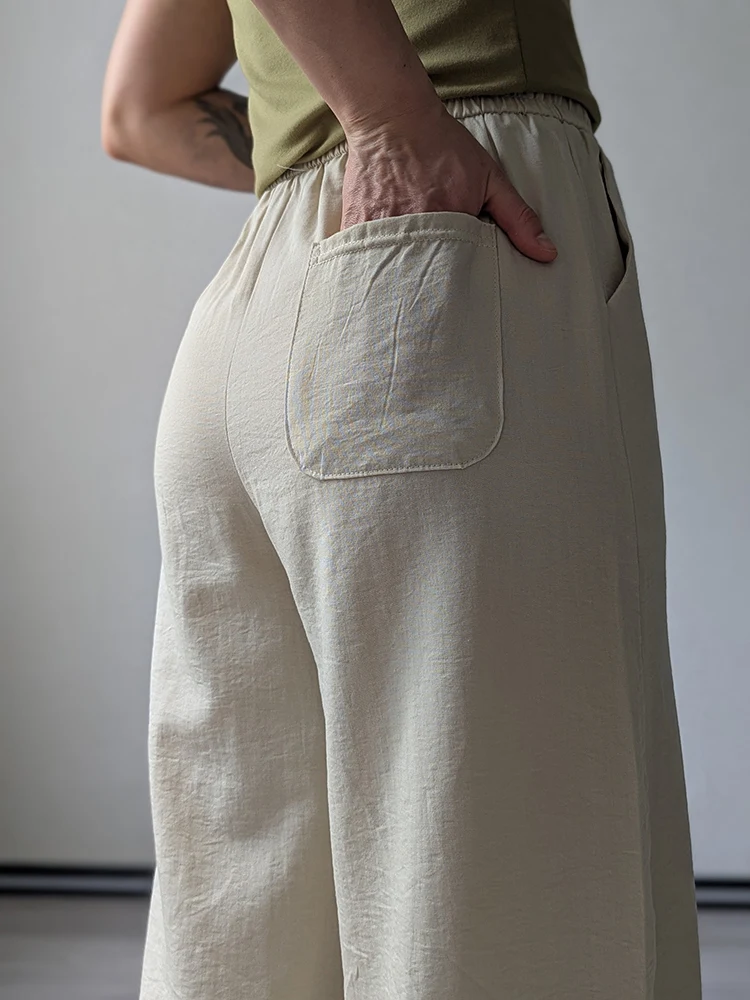Cotton Summer Pants For Women Wide Leg Blue Trousers With Elastic Band Straight Leg Bottoms White Women's Pants Summer Loose