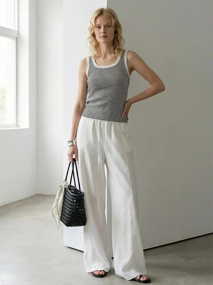 Cotton Summer Pants For Women Wide Leg Blue Trousers With Elastic Band Straight Leg Bottoms White Women's Pants Summer Loose