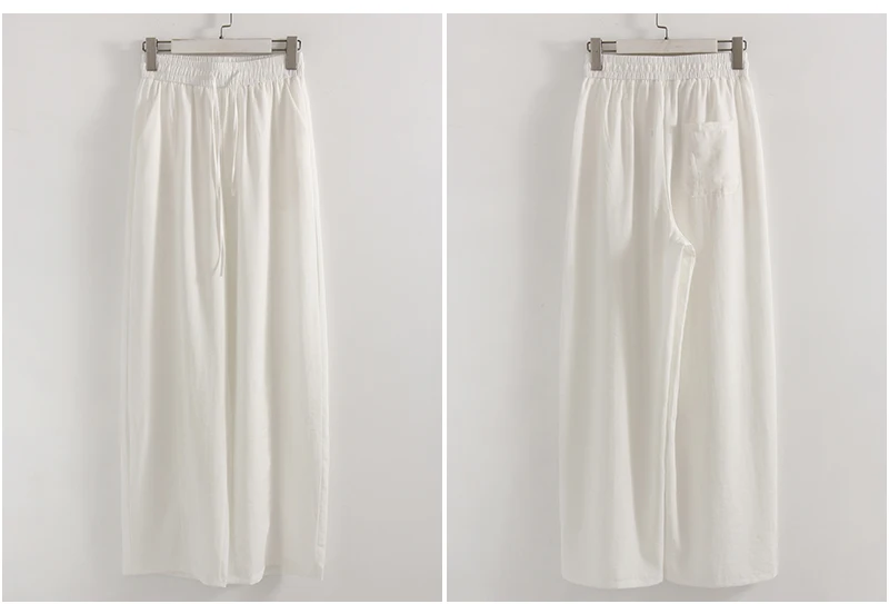 Cotton Summer Pants For Women Wide Leg Blue Trousers With Elastic Band Straight Leg Bottoms White Women's Pants Summer Loose
