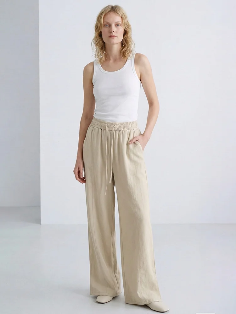 Cotton Summer Pants For Women Wide Leg Blue Trousers With Elastic Band Straight Leg Bottoms White Women's Pants Summer Loose