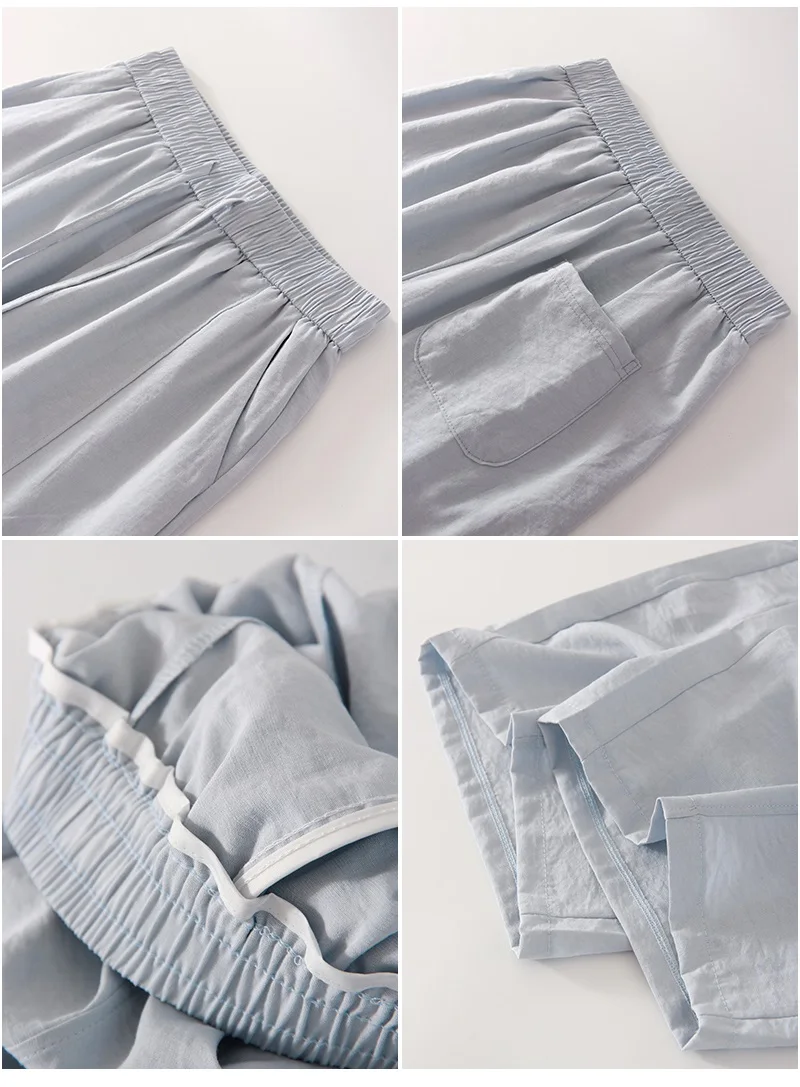 Cotton Summer Pants For Women Wide Leg Blue Trousers With Elastic Band Straight Leg Bottoms White Women's Pants Summer Loose