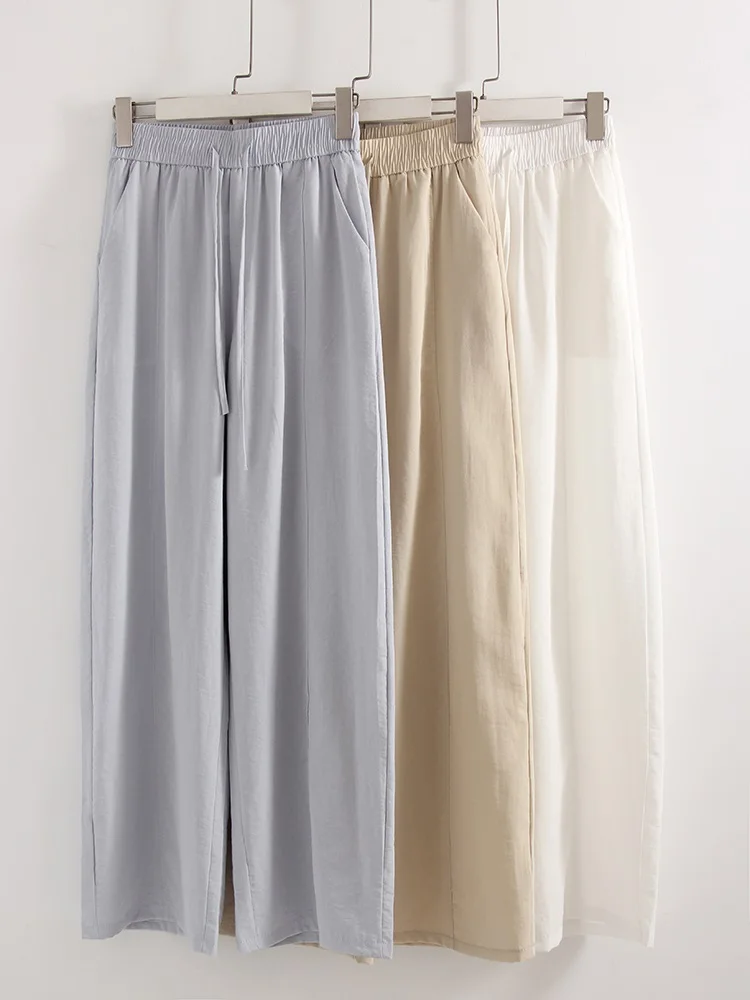Cotton Summer Pants For Women Wide Leg Blue Trousers With Elastic Band Straight Leg Bottoms White Women's Pants Summer Loose