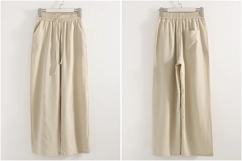 Cotton Summer Pants For Women Wide Leg Blue Trousers With Elastic Band Straight Leg Bottoms White Women's Pants Summer Loose