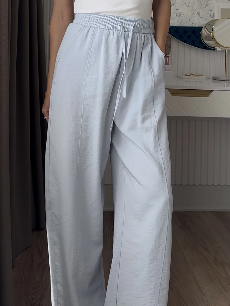 Cotton Summer Pants For Women Wide Leg Blue Trousers With Elastic Band Straight Leg Bottoms White Women's Pants Summer Loose
