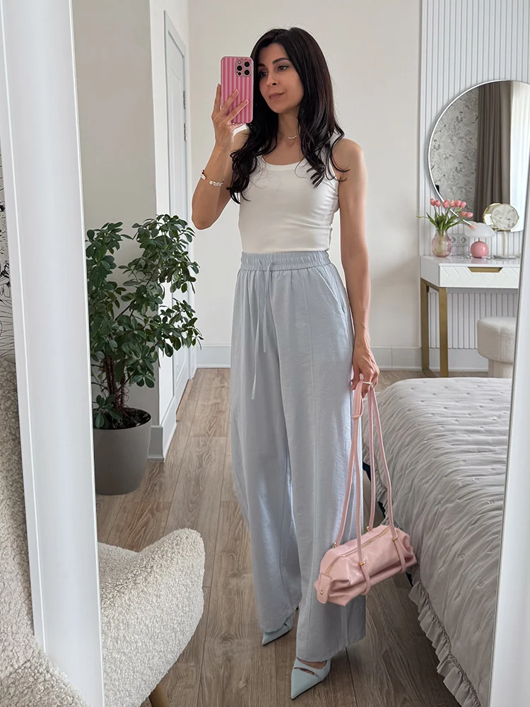 Cotton Summer Pants For Women Wide Leg Blue Trousers With Elastic Band Straight Leg Bottoms White Women's Pants Summer Loose