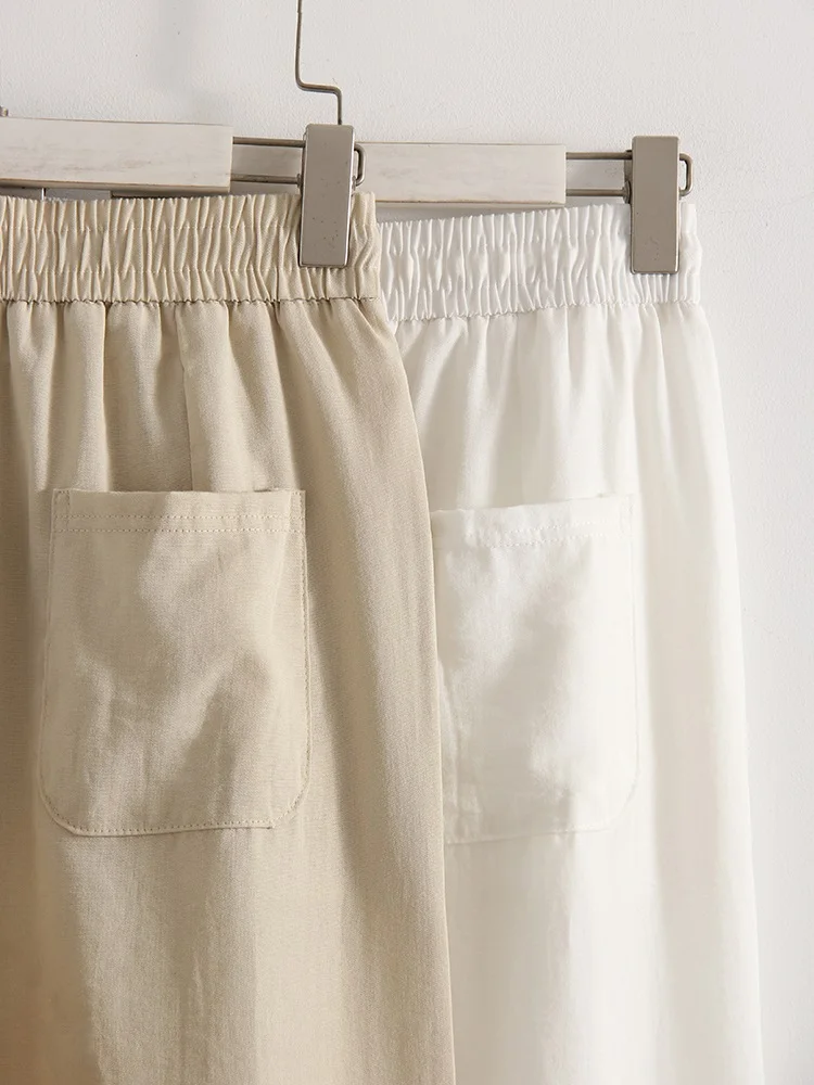 Cotton Summer Pants For Women Wide Leg Blue Trousers With Elastic Band Straight Leg Bottoms White Women's Pants Summer Loose
