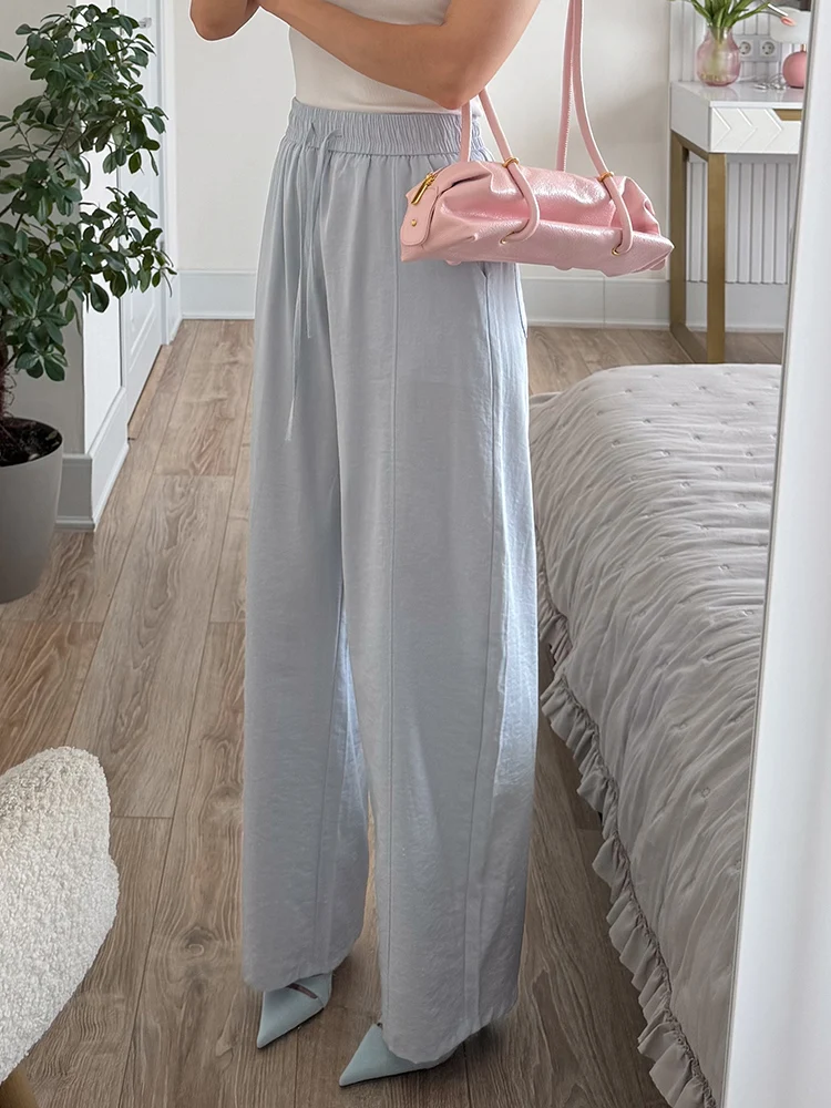 Cotton Summer Pants For Women Wide Leg Blue Trousers With Elastic Band Straight Leg Bottoms White Women's Pants Summer Loose
