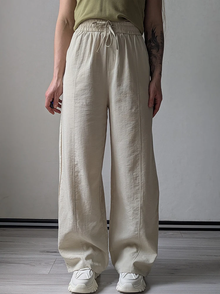 Cotton Summer Pants For Women Wide Leg Blue Trousers With Elastic Band Straight Leg Bottoms White Women's Pants Summer Loose