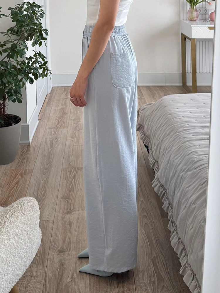 Cotton Summer Pants For Women Wide Leg Blue Trousers With Elastic Band Straight Leg Bottoms White Women's Pants Summer Loose