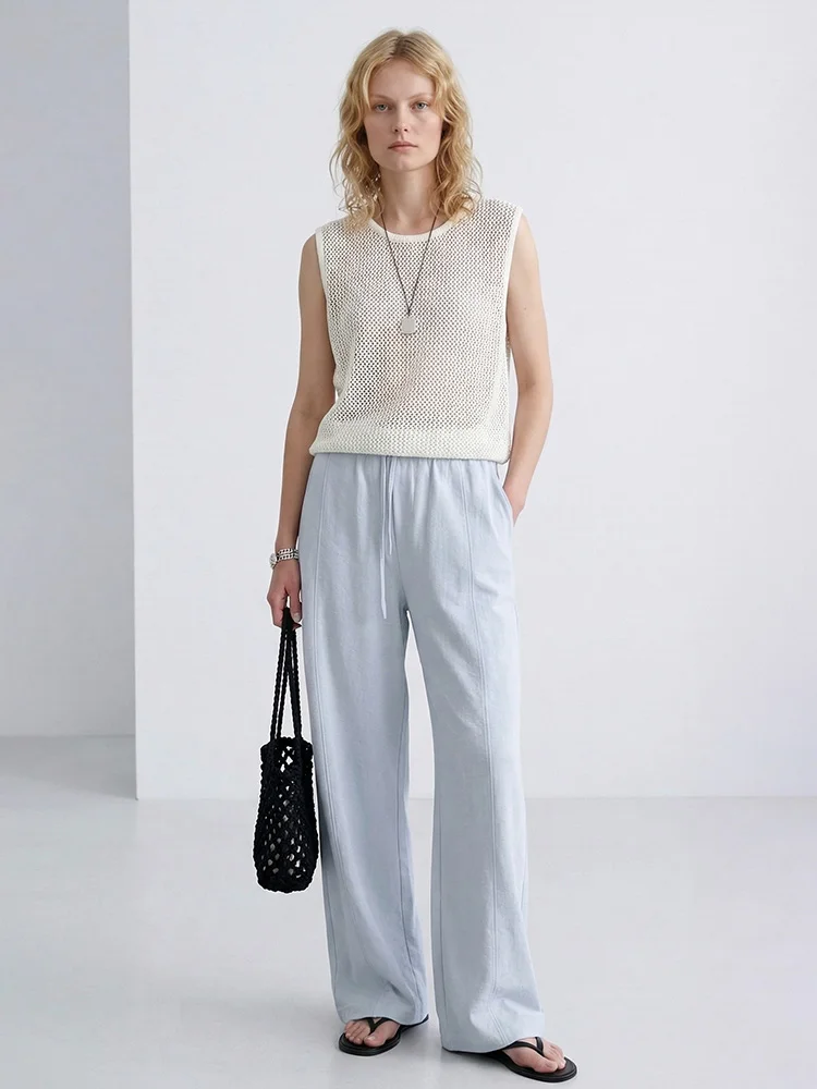 Cotton Summer Pants For Women Wide Leg Blue Trousers With Elastic Band Straight Leg Bottoms White Women's Pants Summer Loose