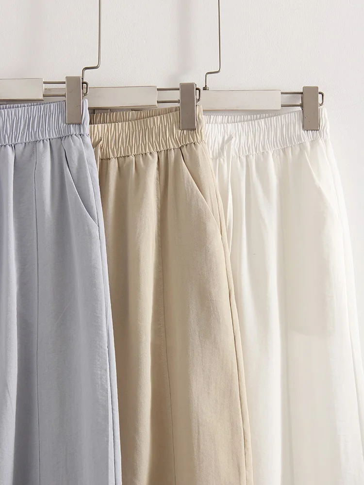 Cotton Summer Pants For Women Wide Leg Blue Trousers With Elastic Band Straight Leg Bottoms White Women's Pants Summer Loose