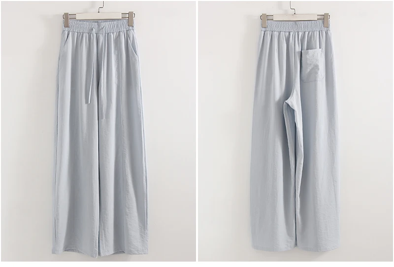 Cotton Summer Pants For Women Wide Leg Blue Trousers With Elastic Band Straight Leg Bottoms White Women's Pants Summer Loose