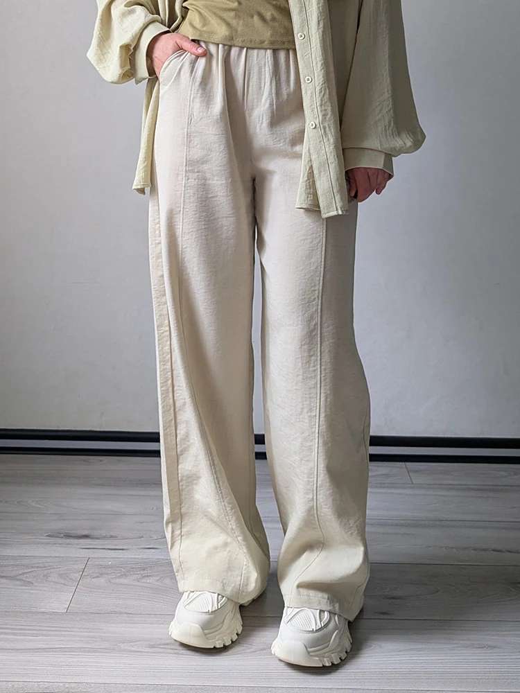 Cotton Summer Pants For Women Wide Leg Blue Trousers With Elastic Band Straight Leg Bottoms White Women's Pants Summer Loose
