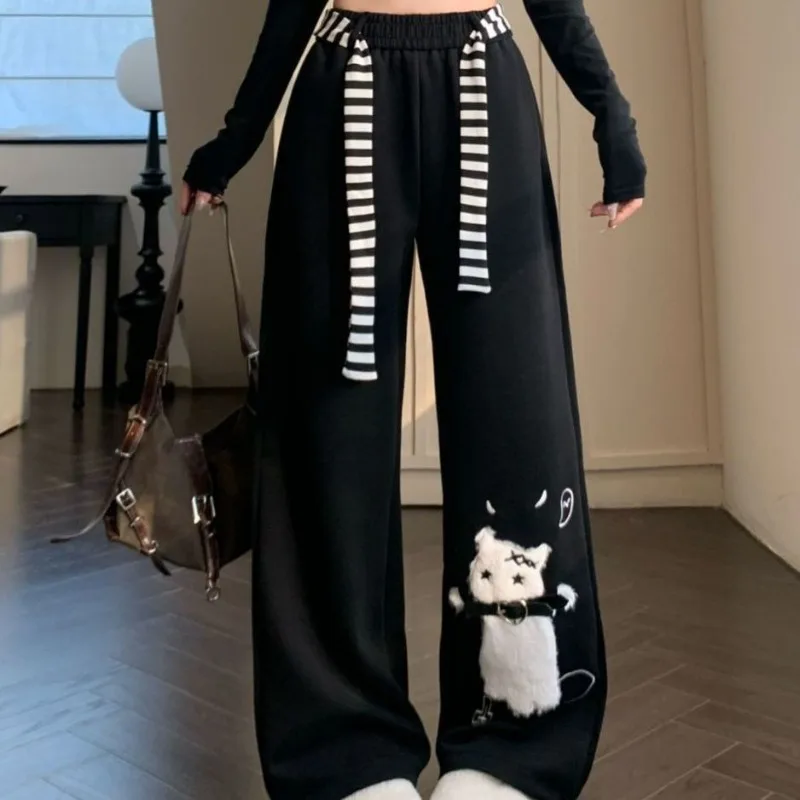 2025 New Bottoms Japanese Sweatpants Fashion Sweet Wide Leg Pants for Women Pantalon Femme Casual Cute Cat Embroidery Trousers
