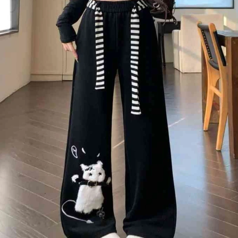2025 New Bottoms Japanese Sweatpants Fashion Sweet Wide Leg Pants for Women Pantalon Femme Casual Cute Cat Embroidery Trousers