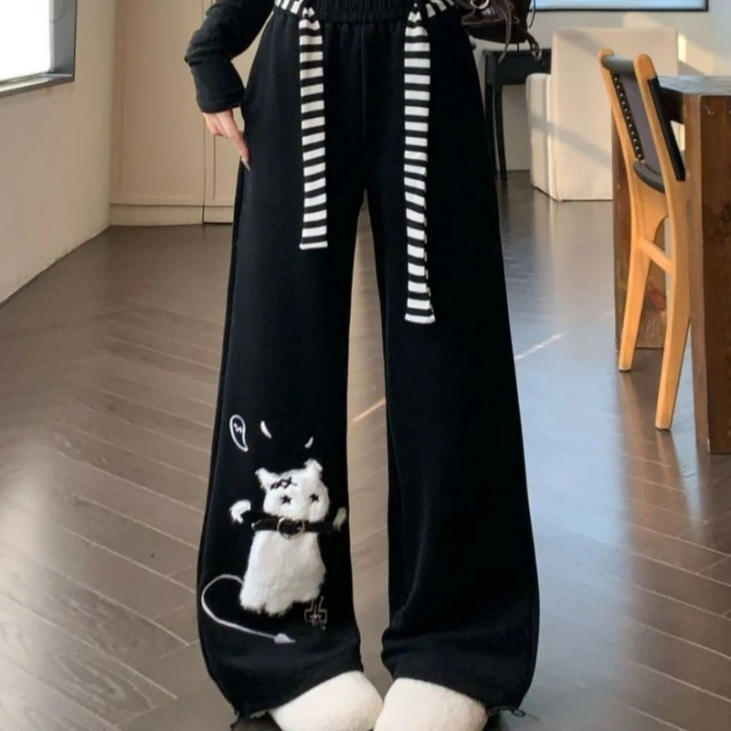 2025 New Bottoms Japanese Sweatpants Fashion Sweet Wide Leg Pants for Women Pantalon Femme Casual Cute Cat Embroidery Trousers