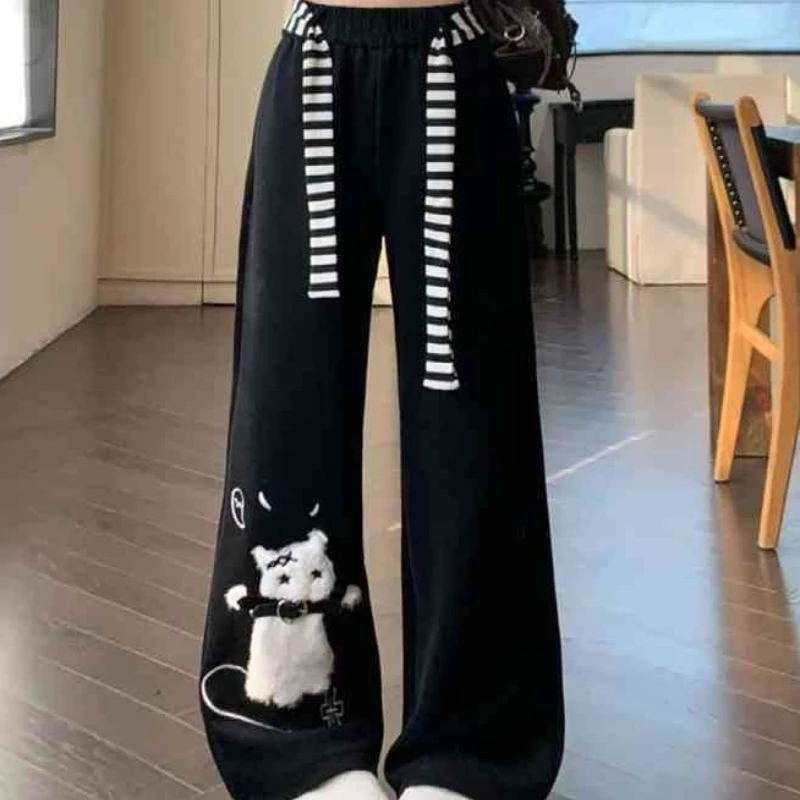2025 New Bottoms Japanese Sweatpants Fashion Sweet Wide Leg Pants for Women Pantalon Femme Casual Cute Cat Embroidery Trousers