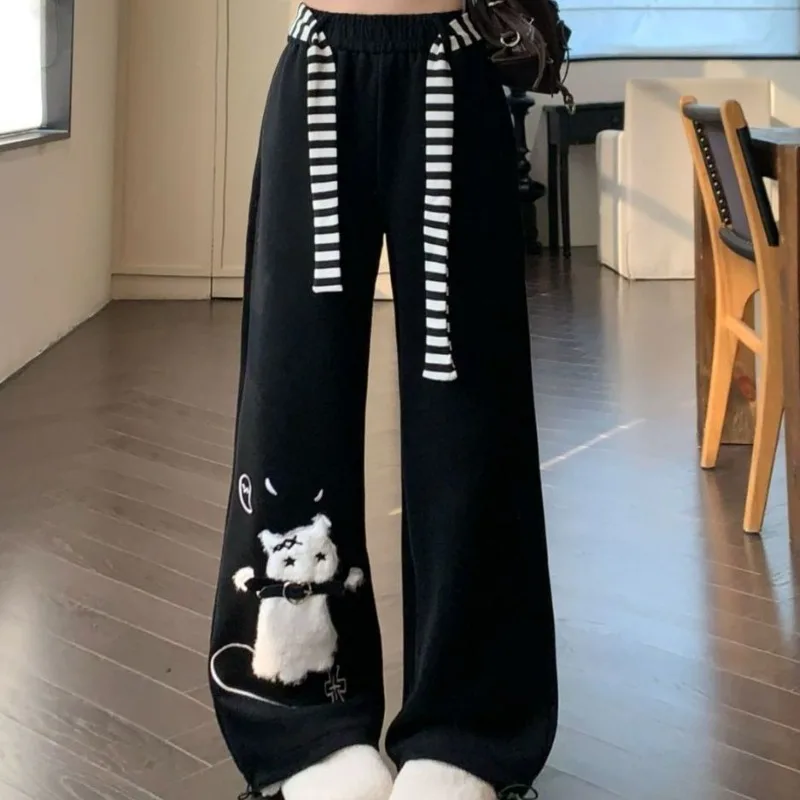 2025 New Bottoms Japanese Sweatpants Fashion Sweet Wide Leg Pants for Women Pantalon Femme Casual Cute Cat Embroidery Trousers
