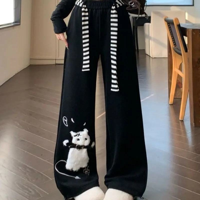 2025 New Bottoms Japanese Sweatpants Fashion Sweet Wide Leg Pants for Women Pantalon Femme Casual Cute Cat Embroidery Trousers