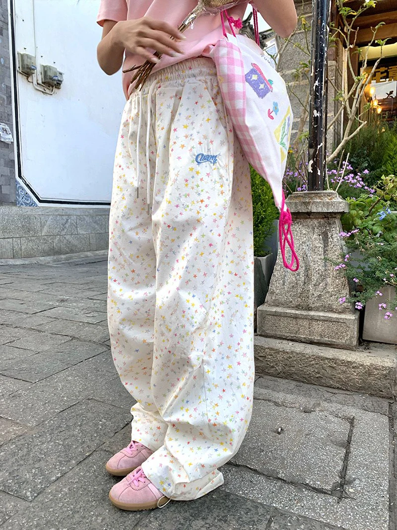 Zoki Stars Print Letter Cargo Pants Women Sweet Fashion High Waist Wide Leg Trousers Casual Loose Preppy Style Female Cute Pants
