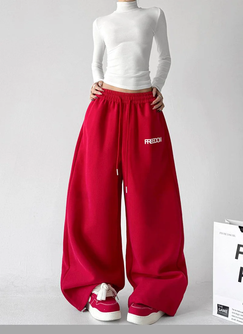 Streetwear Red Sweatpants Women High Waist Y2K Vintage Letter Loose Pant American Hip Hop Harajuku Spring Bf Retro Trousers New