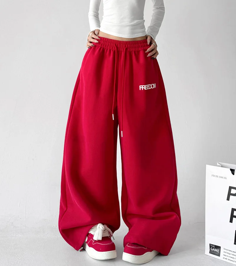 Streetwear Red Sweatpants Women High Waist Y2K Vintage Letter Loose Pant American Hip Hop Harajuku Spring Bf Retro Trousers New