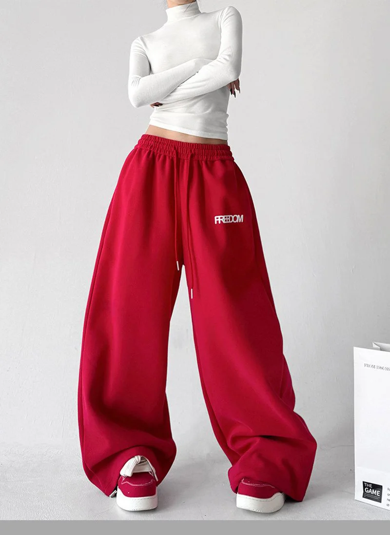 Streetwear Red Sweatpants Women High Waist Y2K Vintage Letter Loose Pant American Hip Hop Harajuku Spring Bf Retro Trousers New