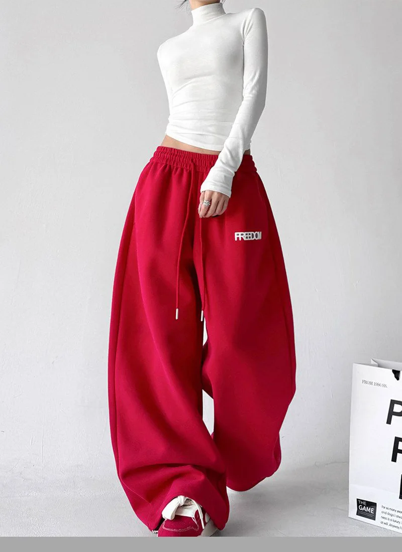 Streetwear Red Sweatpants Women High Waist Y2K Vintage Letter Loose Pant American Hip Hop Harajuku Spring Bf Retro Trousers New