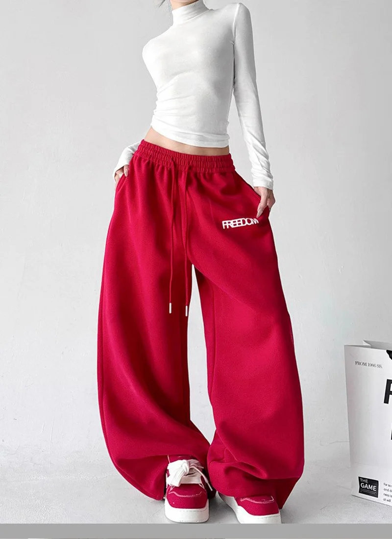 Streetwear Red Sweatpants Women High Waist Y2K Vintage Letter Loose Pant American Hip Hop Harajuku Spring Bf Retro Trousers New