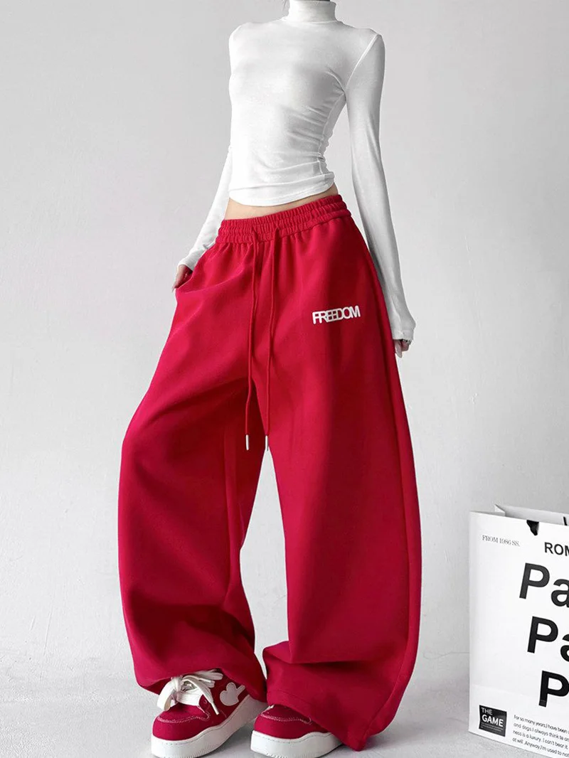 Streetwear Red Sweatpants Women High Waist Y2K Vintage Letter Loose Pant American Hip Hop Harajuku Spring Bf Retro Trousers New