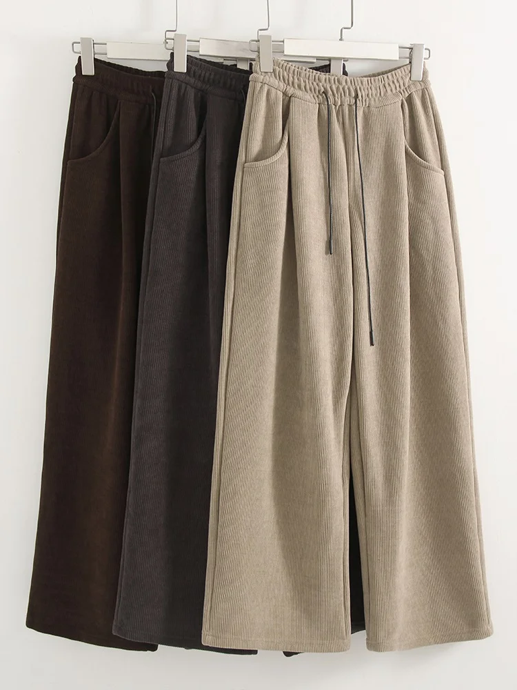 Streamgirl Women Winter Corduroy Pants Dark Brown With Thick Warm Fleece Trousers Corduroy High Waist Loose Pants For Women