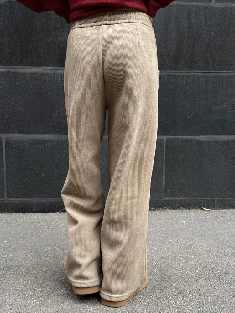 Streamgirl Women Winter Corduroy Pants Dark Brown With Thick Warm Fleece Trousers Corduroy High Waist Loose Pants For Women
