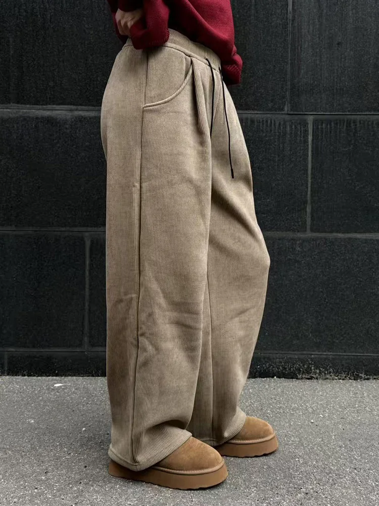 Streamgirl Women Winter Corduroy Pants Dark Brown With Thick Warm Fleece Trousers Corduroy High Waist Loose Pants For Women