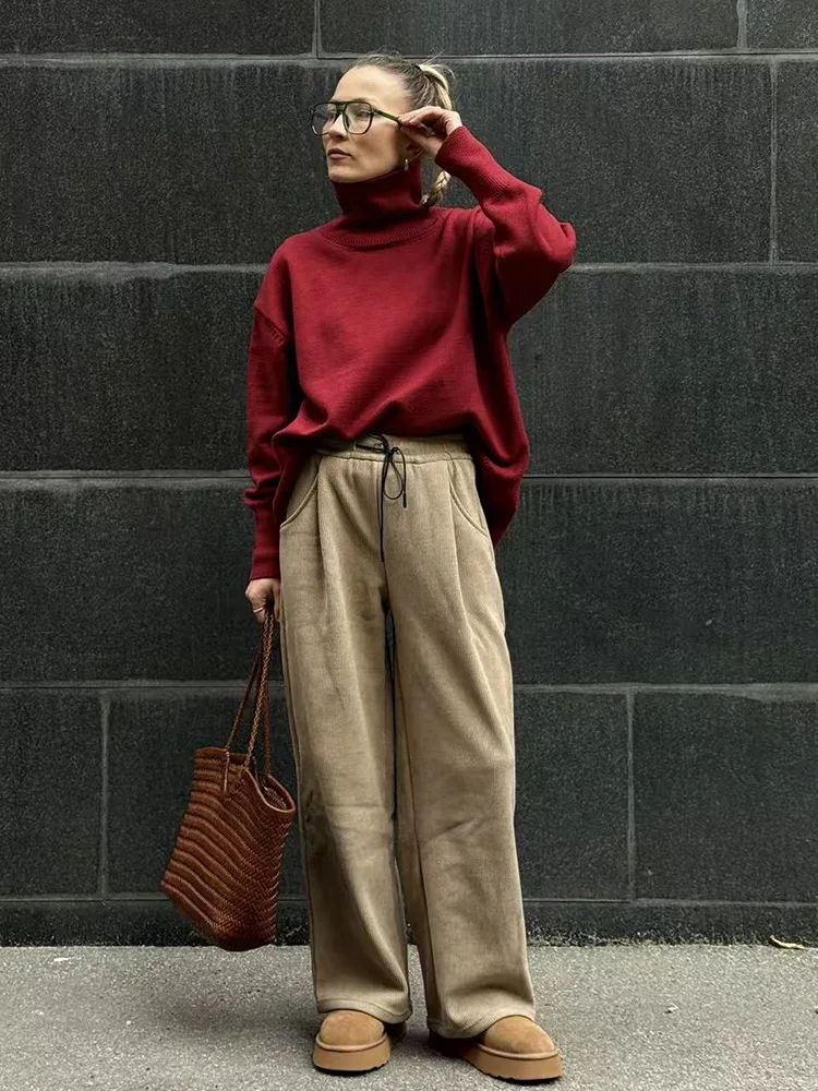 Streamgirl Women Winter Corduroy Pants Dark Brown With Thick Warm Fleece Trousers Corduroy High Waist Loose Pants For Women