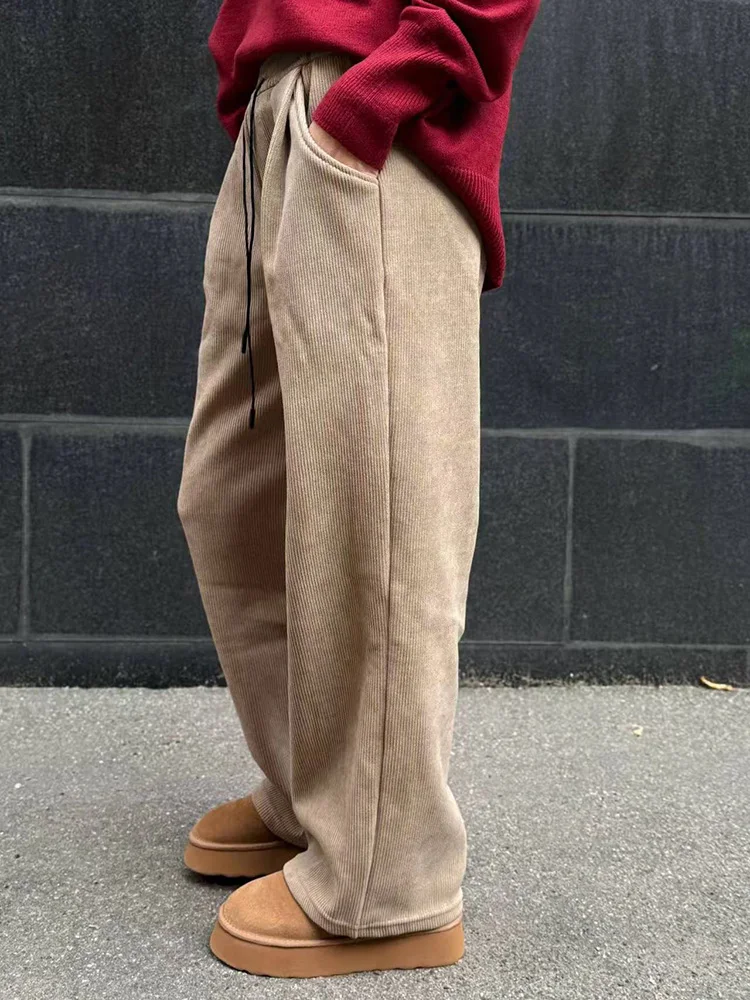 Streamgirl Women Winter Corduroy Pants Dark Brown With Thick Warm Fleece Trousers Corduroy High Waist Loose Pants For Women