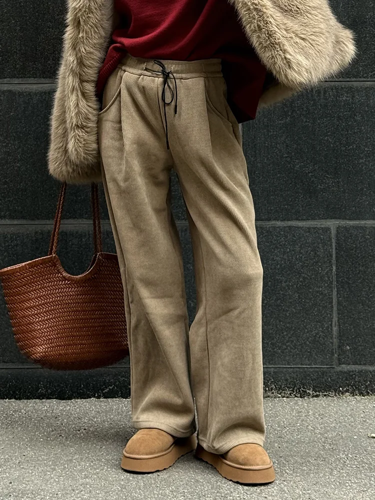 Streamgirl Women Winter Corduroy Pants Dark Brown With Thick Warm Fleece Trousers Corduroy High Waist Loose Pants For Women