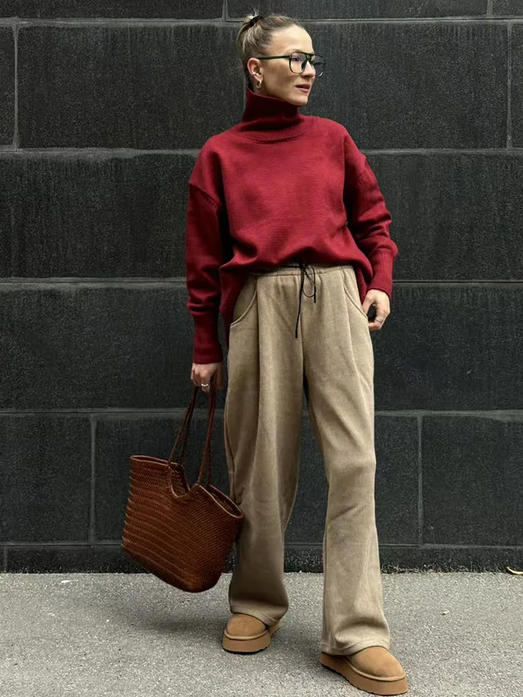 Streamgirl Women Winter Corduroy Pants Dark Brown With Thick Warm Fleece Trousers Corduroy High Waist Loose Pants For Women