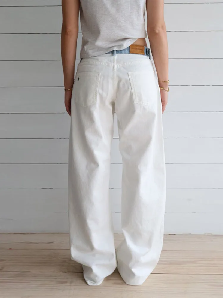 Women's Contrast Waistband White Wide Leg Jeans Low Rise Baggy Denim Pants Loose Fit Trousers Lady Date Commuter Casual Clothes