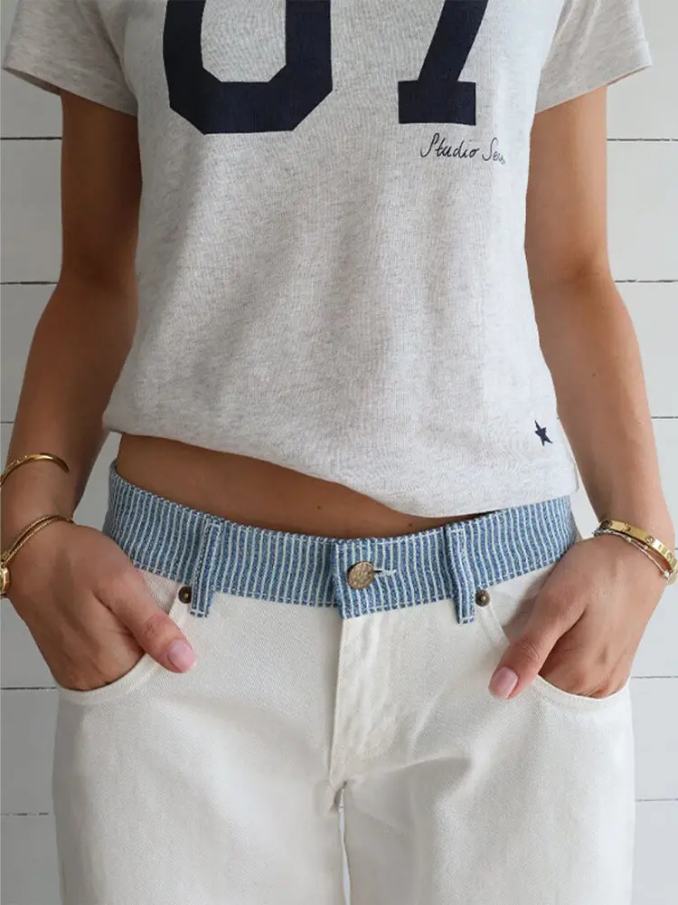 Women's Contrast Waistband White Wide Leg Jeans Low Rise Baggy Denim Pants Loose Fit Trousers Lady Date Commuter Casual Clothes