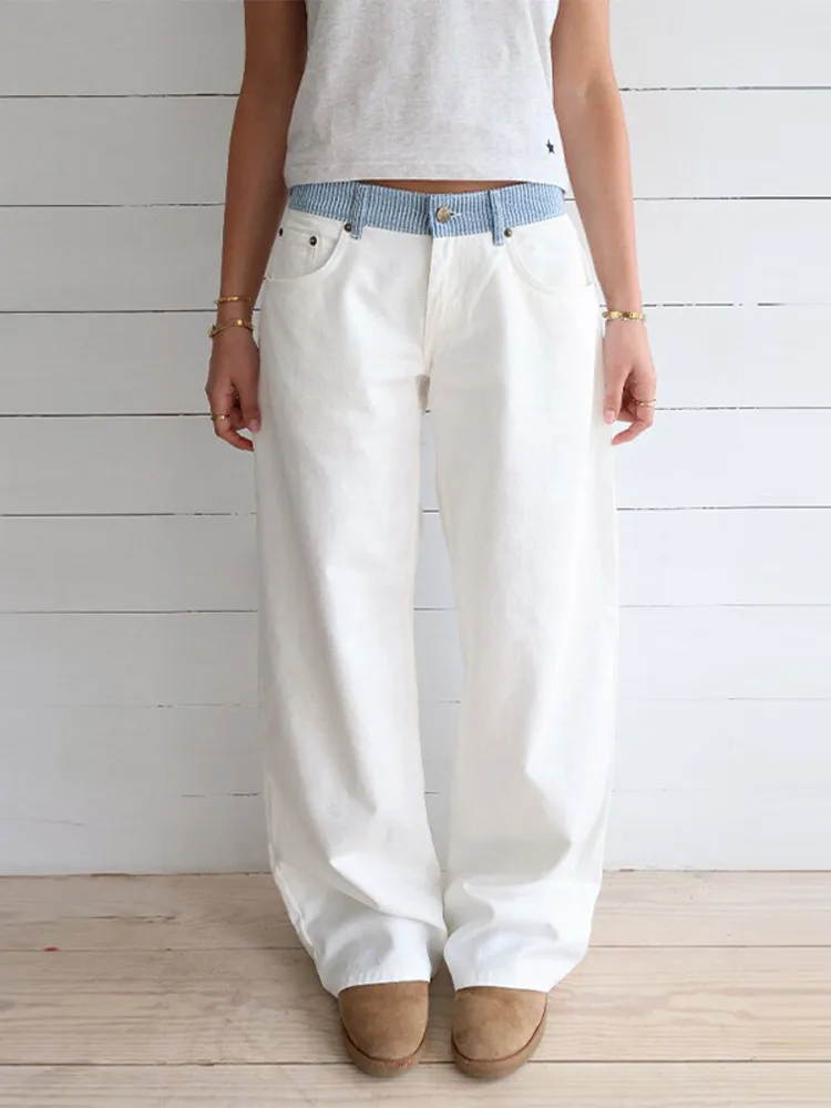 Women's Contrast Waistband White Wide Leg Jeans Low Rise Baggy Denim Pants Loose Fit Trousers Lady Date Commuter Casual Clothes
